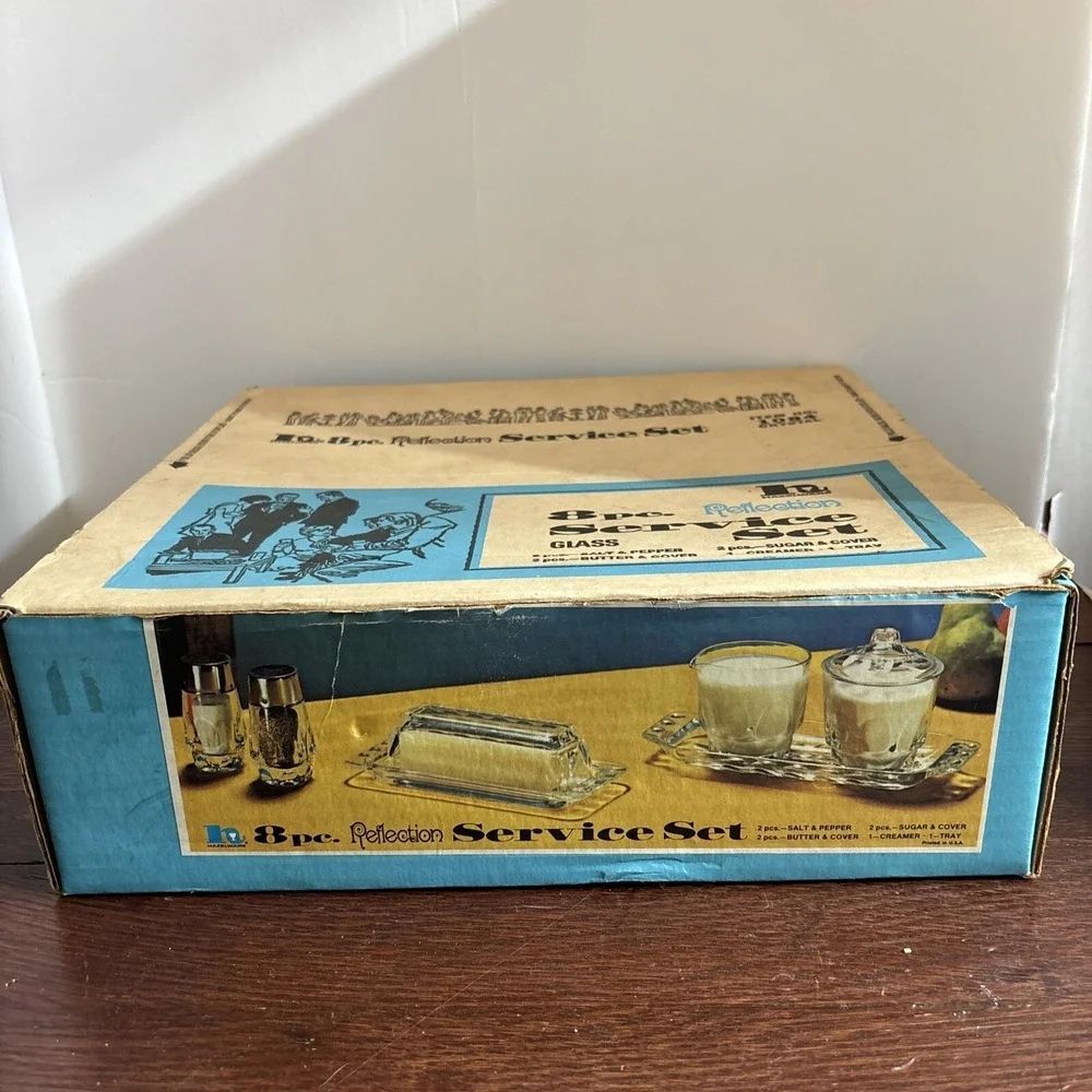 Vintage Hazelware 8 pc. Crystal Table Set In Box S&P, Cream, Sugar, Butter, Tray